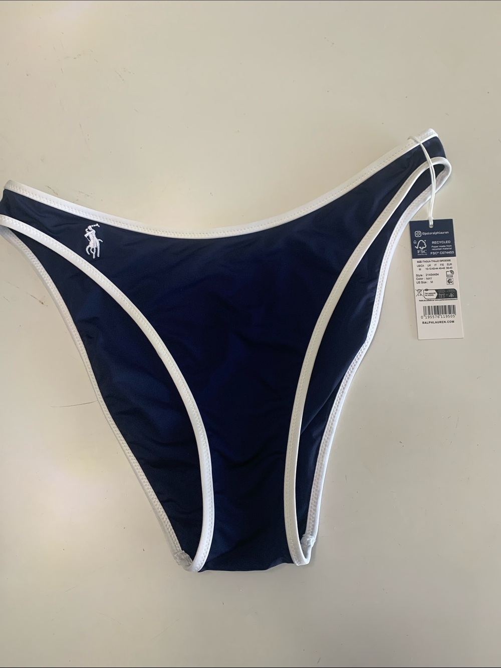 NWT Polo Ralph Lauren Womens Navy Blue High Cut Bikini Bottom White Trim Size M